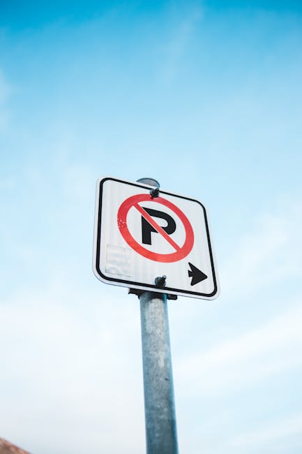 A circular no parking traffic sign with a red border, blue background, and a red diagonal line across it is mounted on a grey metal pole. The sign is positioned outdoors against a textured stone wall 